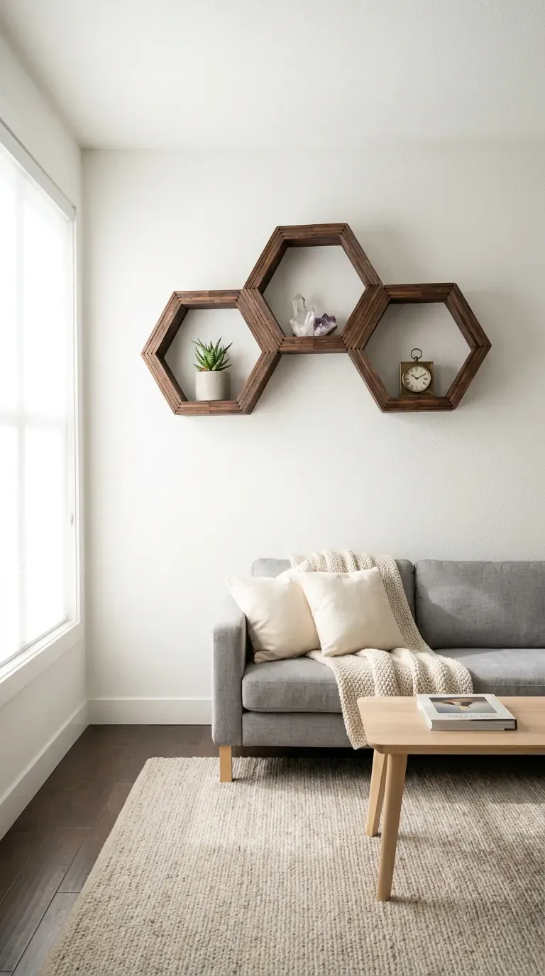 14 Must-Try Easy Popsicle Stick Crafts That Look Insane 2 Geometric hexagon shelves made of stained popsicle sticks on a wall