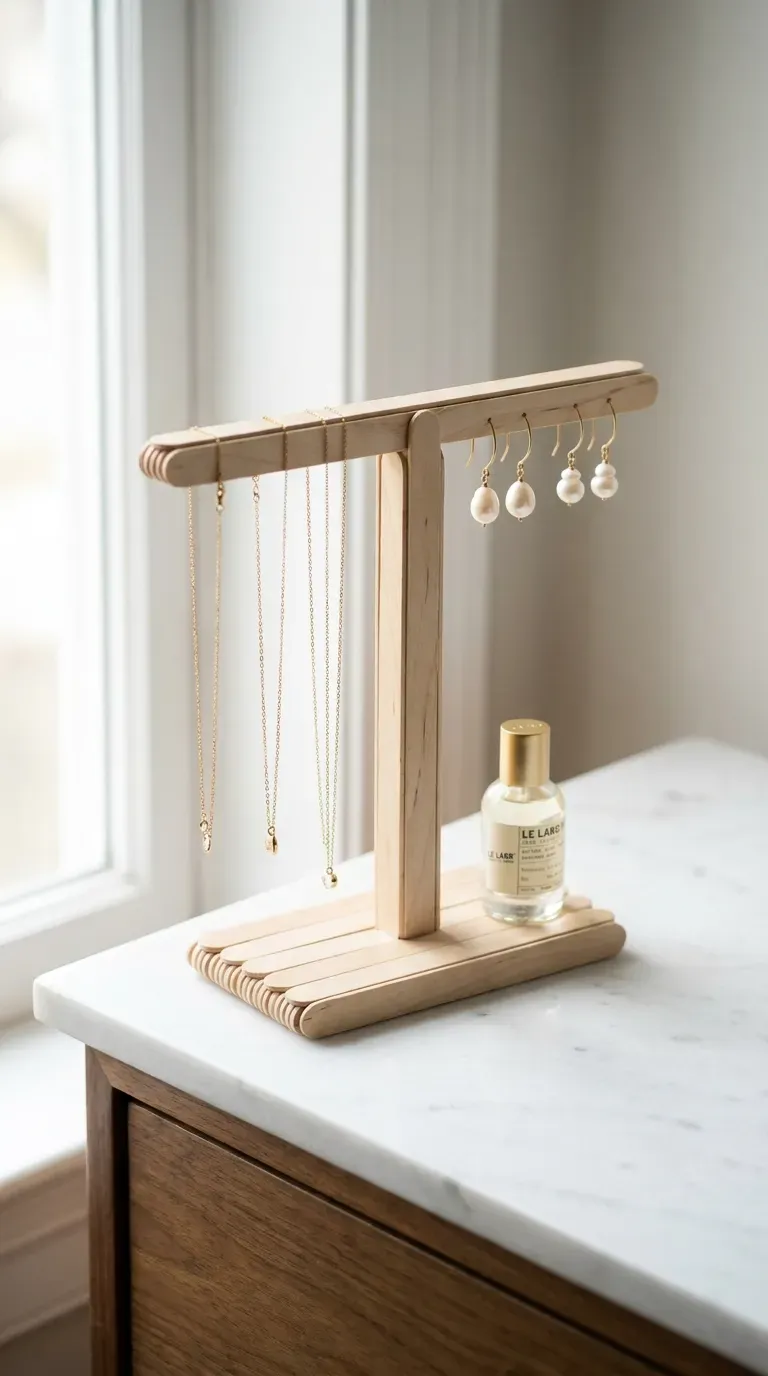 14 Must-Try Easy Popsicle Stick Crafts That Look Insane 12 A minimalist T-bar jewelry stand holding gold necklaces and earrings