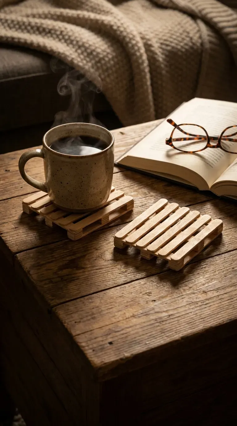 14 Must-Try Easy Popsicle Stick Crafts That Look Insane 6 Miniature wooden shipping pallets used as coffee table drink coasters