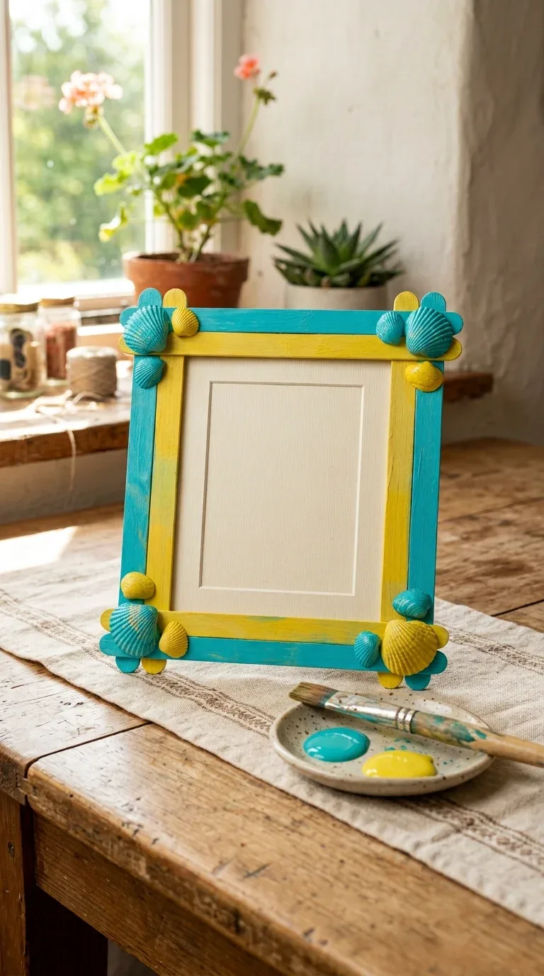 18 Fun Summer Craft Activities for Any Age 6 A decorated popsicle stick picture frame with painted details holding a summer photo