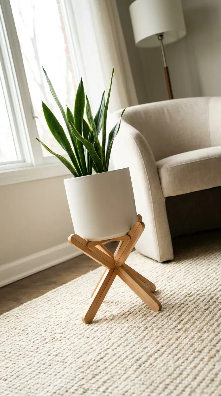 14 Must-Try Easy Popsicle Stick Crafts That Look Insane 8 A tiny wooden mid-century modern stand holding a potted snake plant