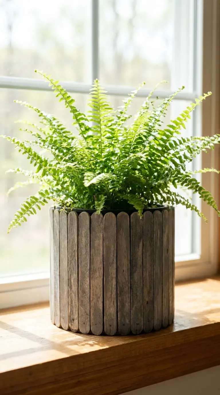 14 Must-Try Easy Popsicle Stick Crafts That Look Insane 13 A plastic plant pot disguised beautifully by vertical wooden popsicle sticks