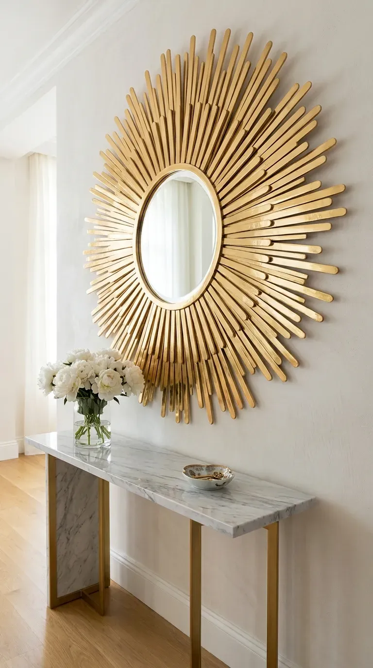 14 Must-Try Easy Popsicle Stick Crafts That Look Insane 5 A brilliant gold sunburst mirror hanging above a console table