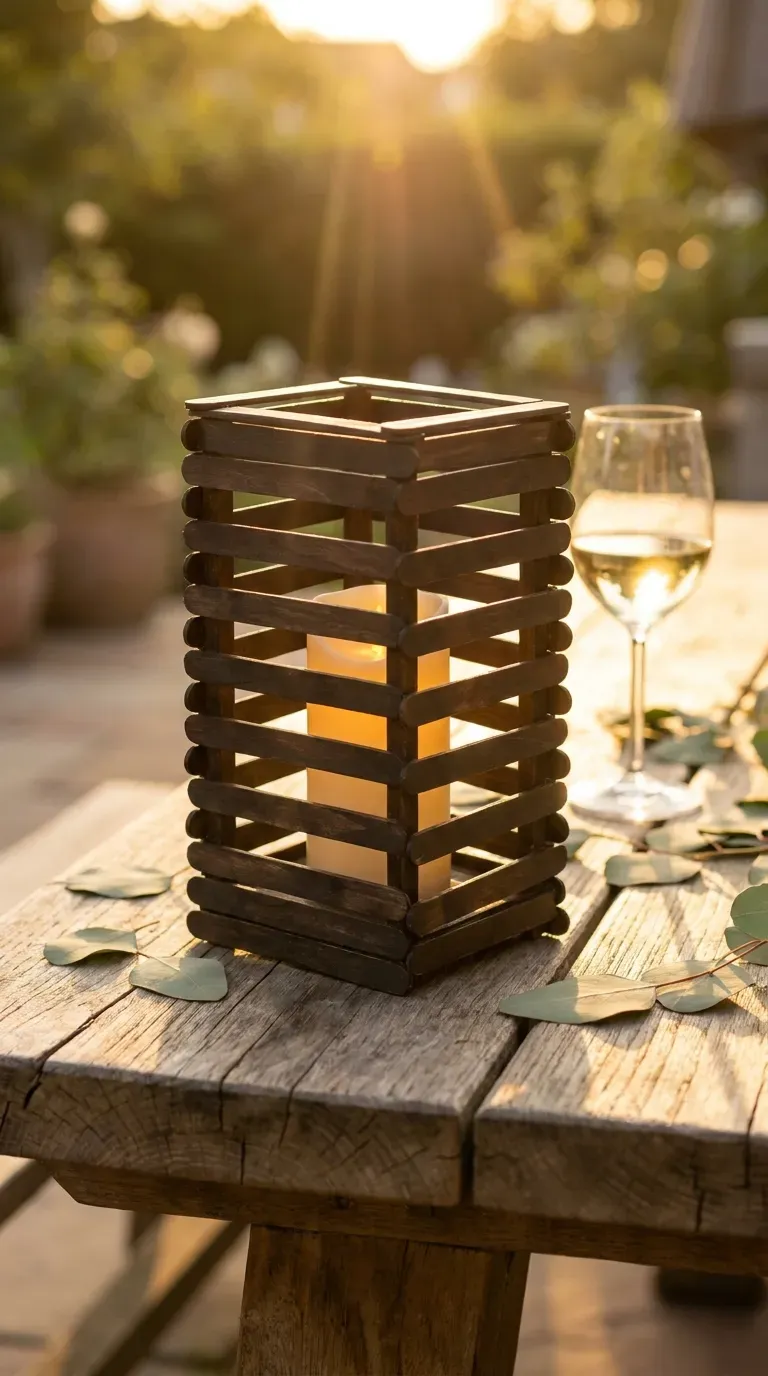 14 Must-Try Easy Popsicle Stick Crafts That Look Insane 4 A slatted wooden lantern glowing with an LED candle inside