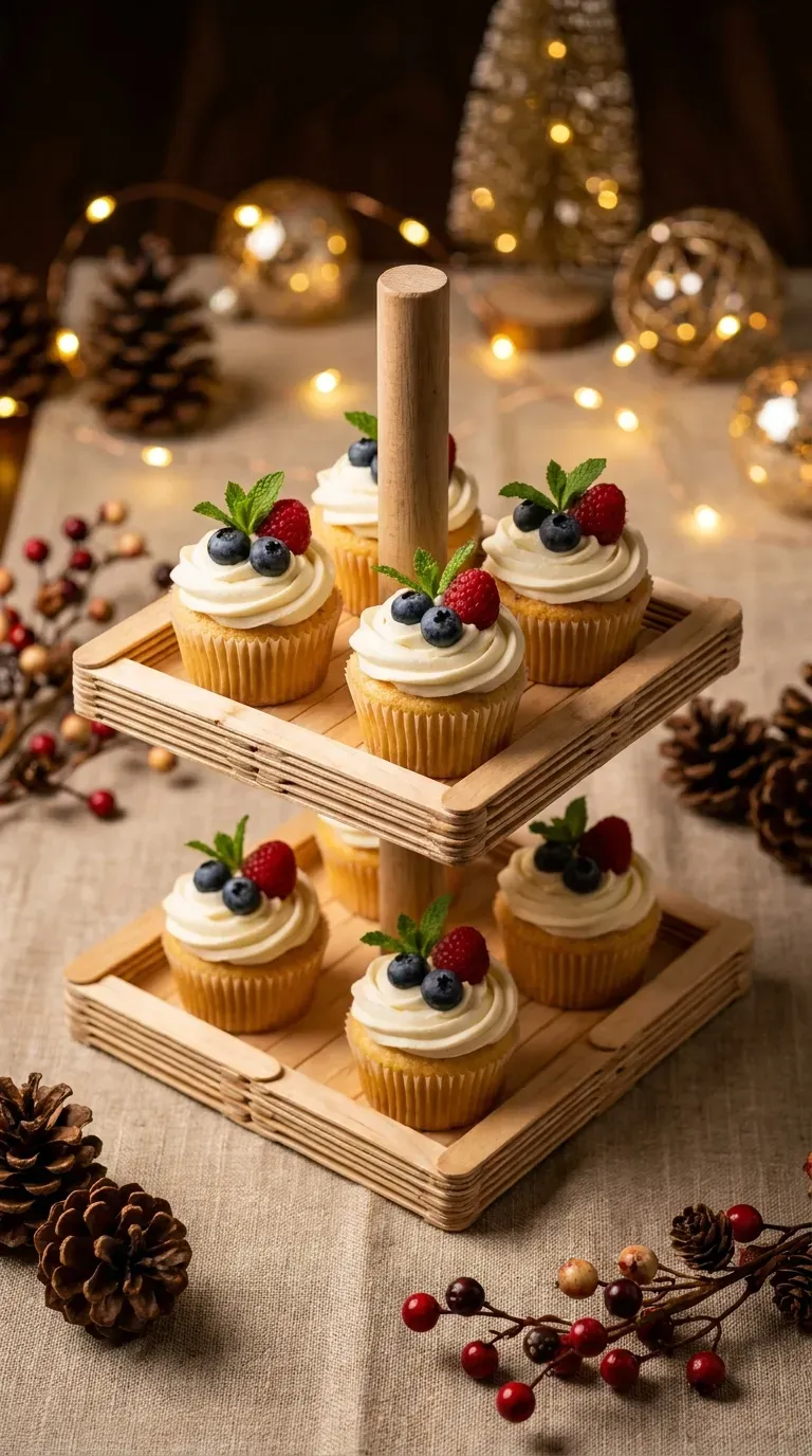 14 Must-Try Easy Popsicle Stick Crafts That Look Insane 15 A rustic two-tier dessert stand holding frosted cupcakes on a table