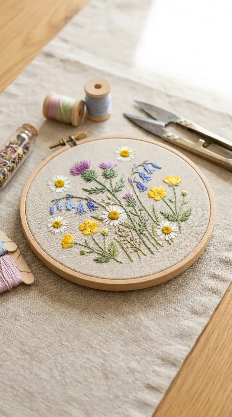 12 Stunning Adult Craft Kits That Will Boost Your Creativity 13 Wooden embroidery hoop showcasing delicate stitched flowers alongside colorful floss skeins