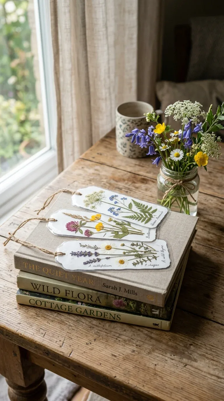 18 Fun Summer Craft Activities for Any Age 11 Handmade pressed flower bookmarks laminated in contact paper resting on a stack of books