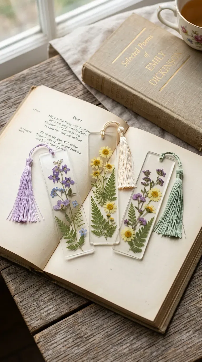 Clear resin bookmarks filled with pressed wildflowers and silk tassels