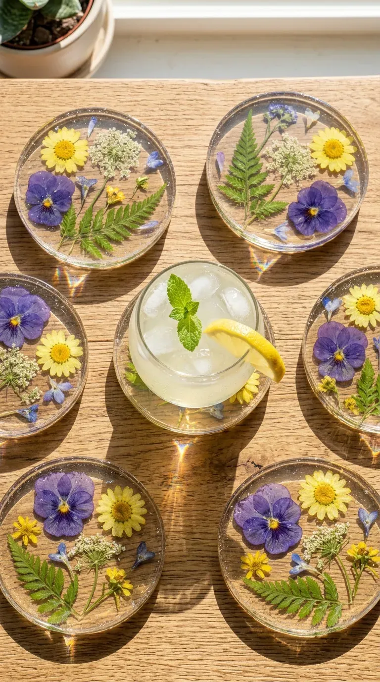 15 Genius DIY Summer Decorations You Need to Try 11 Clear resin coasters filled with pressed colorful flowers on a table