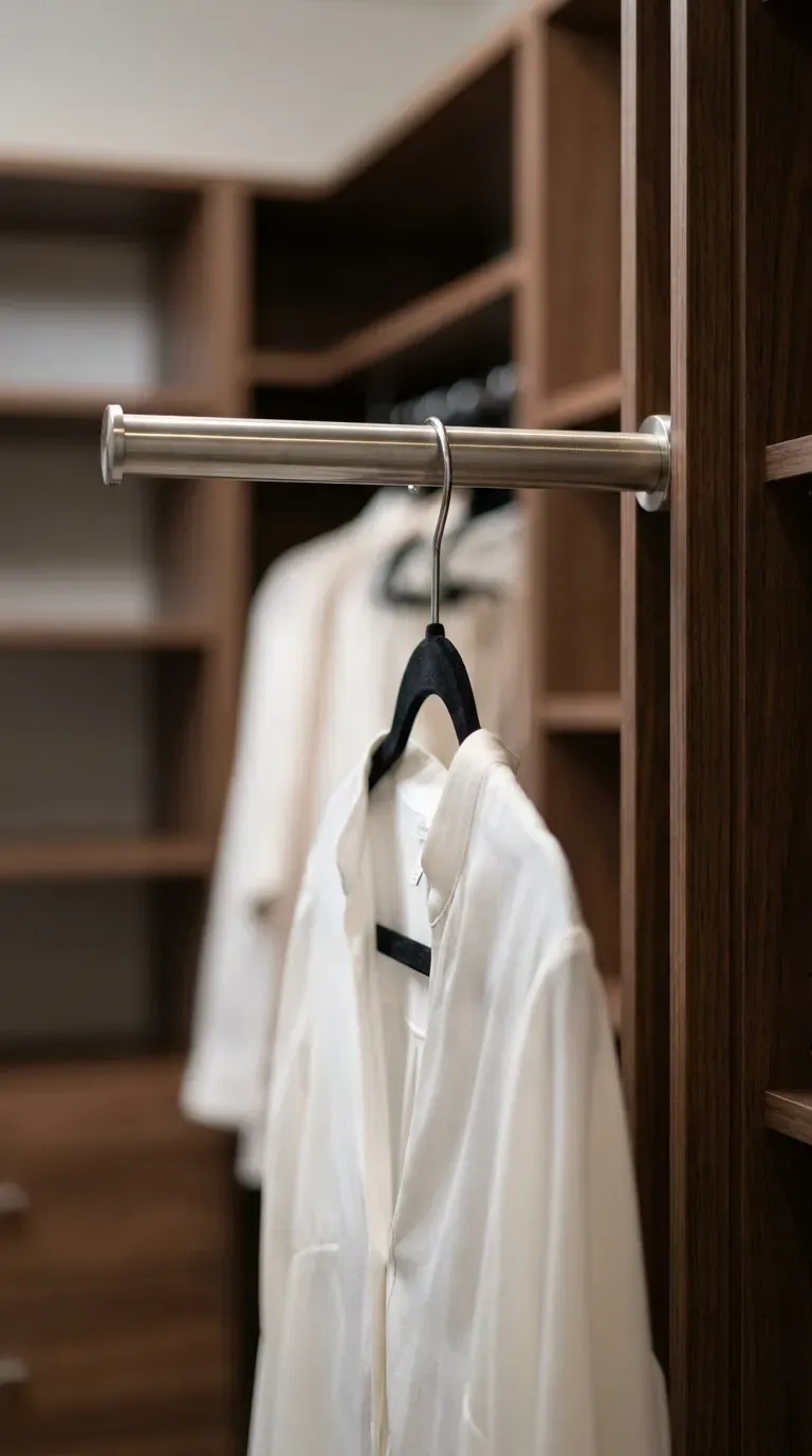 A sleek metal valet rod extended from a wooden wardrobe