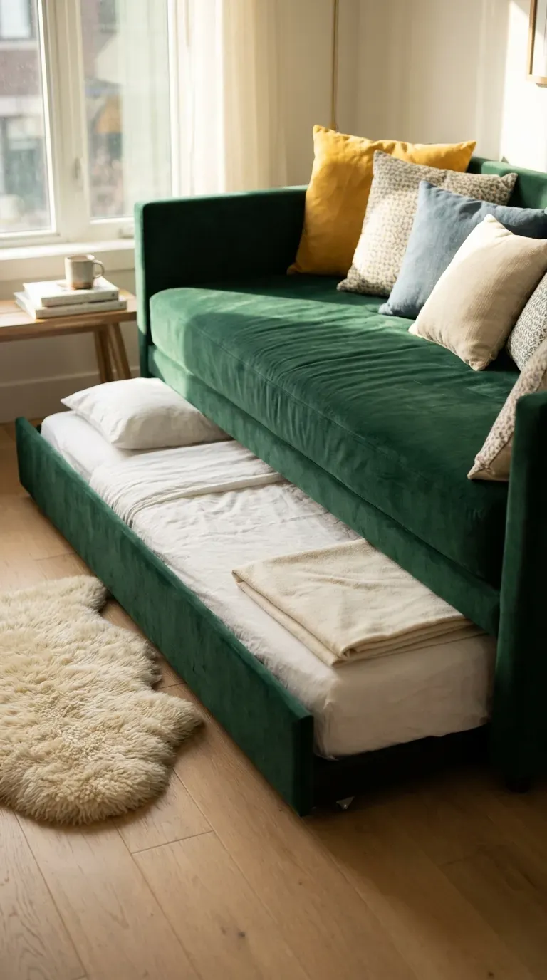 15 Genius Shared Bedroom Ideas You Need to Try 13 A stylish daybed with a second trundle bed pulled out from underneath