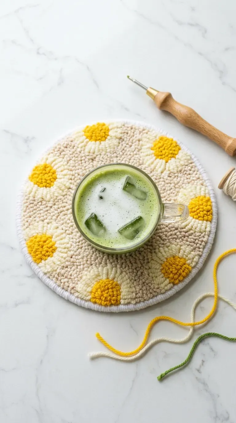 Textured punch needle mug rug featuring a daisy design