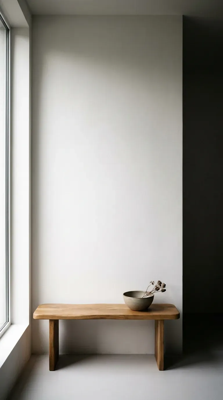A sparsely decorated minimalist room highlighting beautiful negative space on the walls