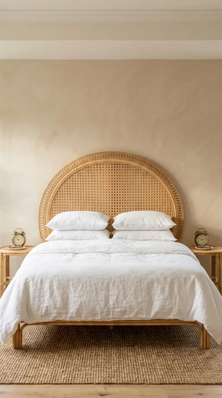 15 Genius Aesthetic Room Ideas You Need to Try 11 A beautiful woven rattan headboard in a sunlit aesthetic bedroom