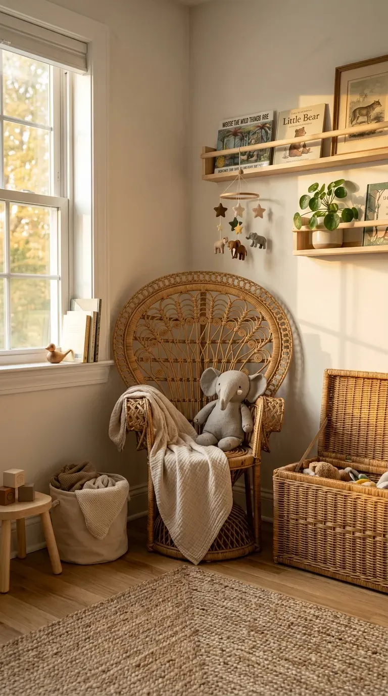 12 Aesthetic Kids Bedroom Ideas for a Dreamy Space 9 Vintage rattan chair in a boho kids room