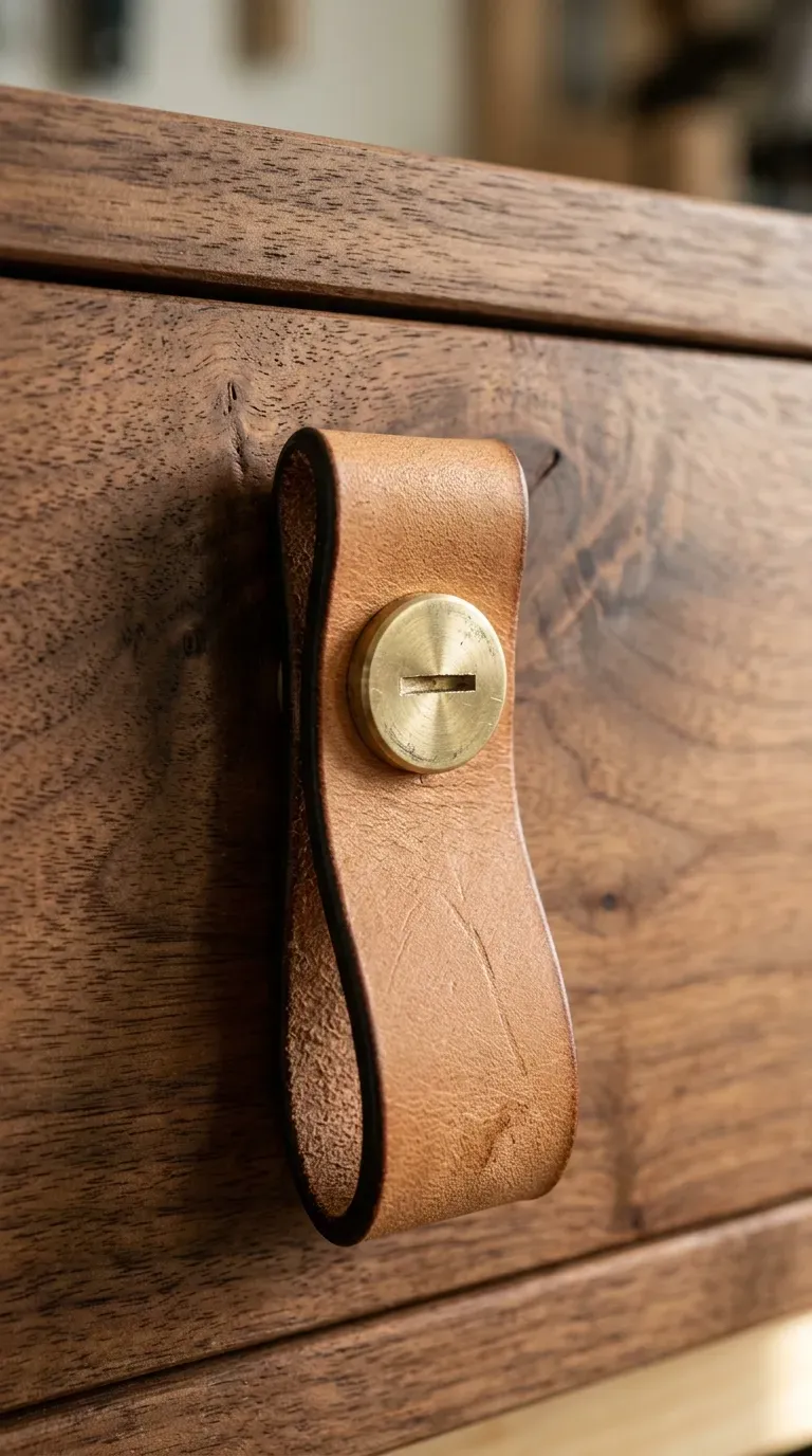 Close-up of a wooden drawer with a thick raw leather strap pull