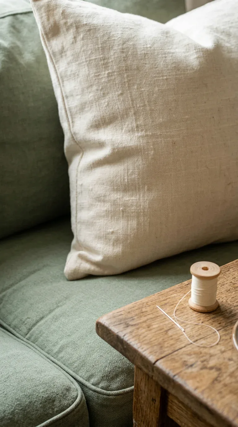 A thrifted throw pillow recovered in new linen fabric styled on a living room sofa