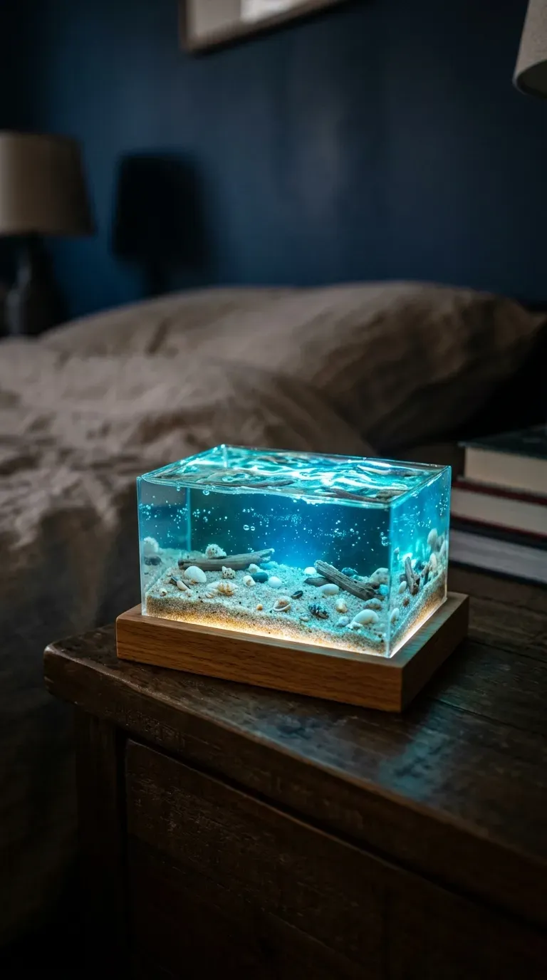 A glowing resin night light depicting an underwater beach scene