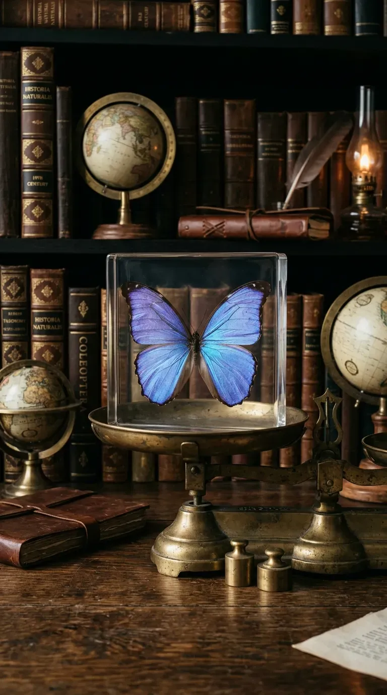 A crystal clear resin block containing an iridescent blue morpho butterfly