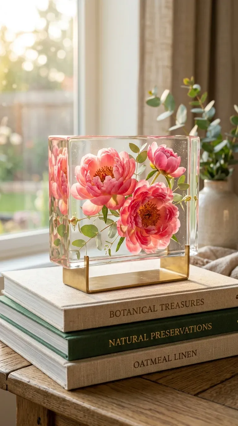 A crystal clear resin block containing beautifully preserved pink peonies