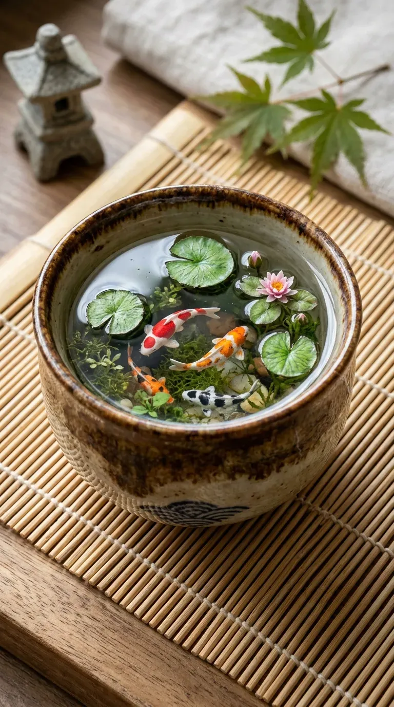 A traditional ceramic teacup filled with clear resin and painted koi fish