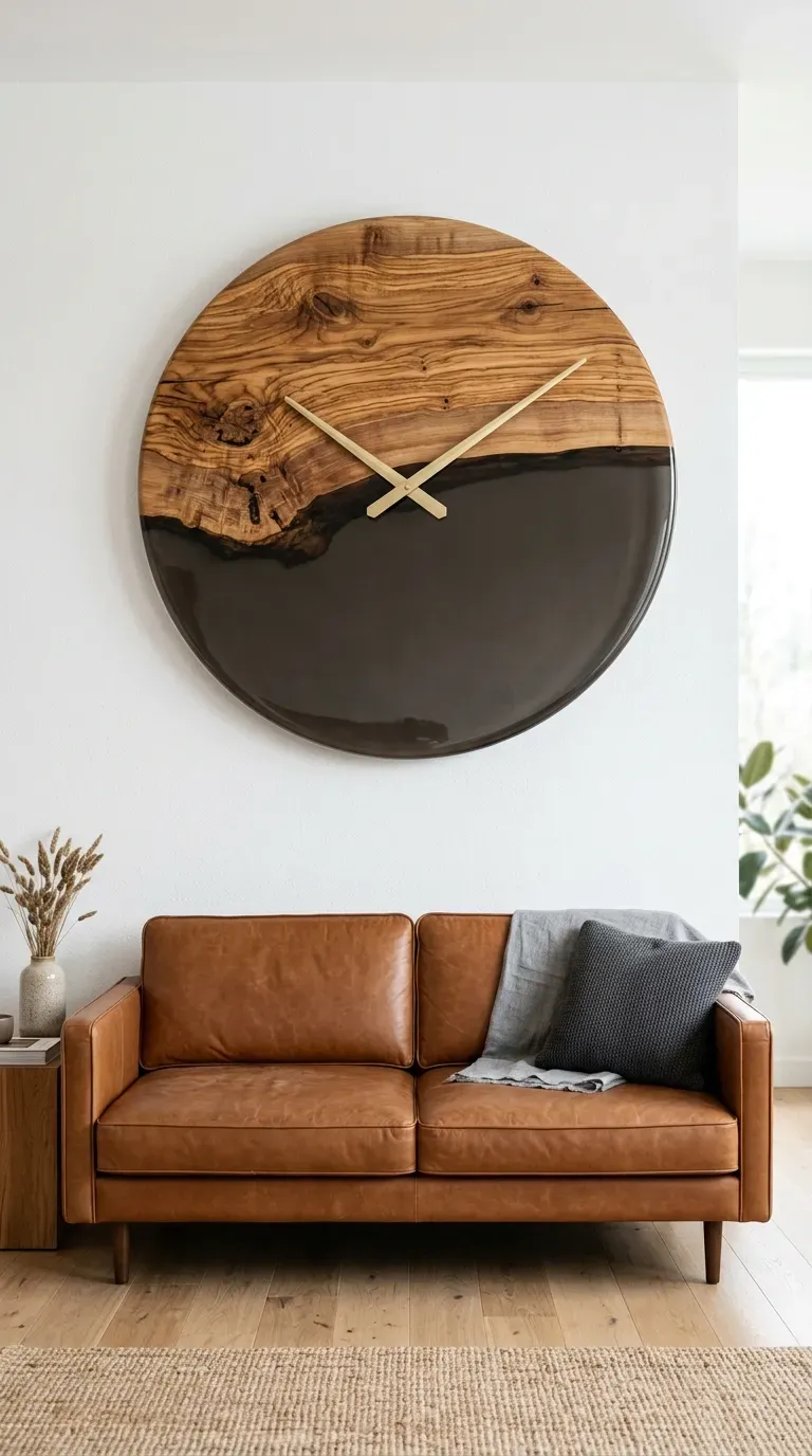 A round wall clock made of olive wood and translucent black resin