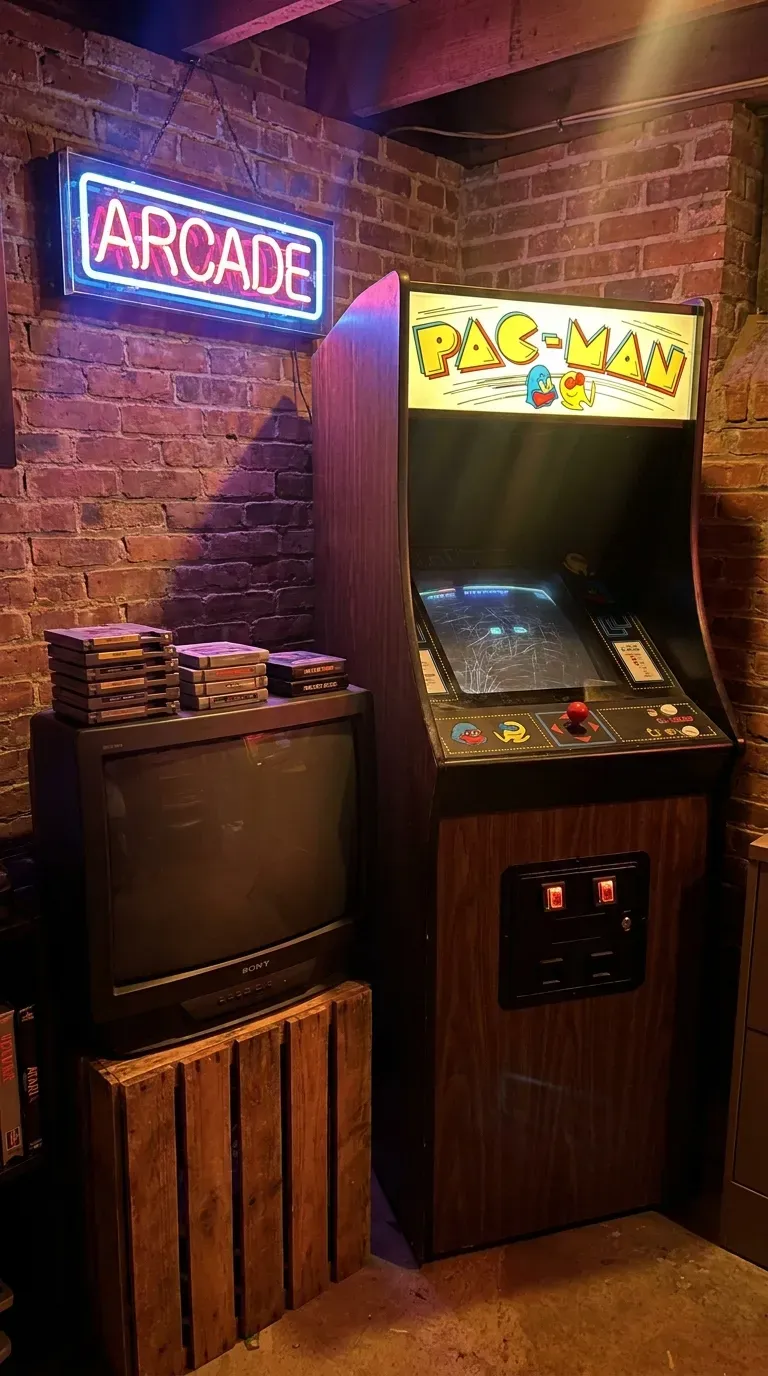 10 Must-Try Gaming Room Ideas That Look Insane 6 A vibrant retro gaming corner with a classic arcade cabinet and neon lights