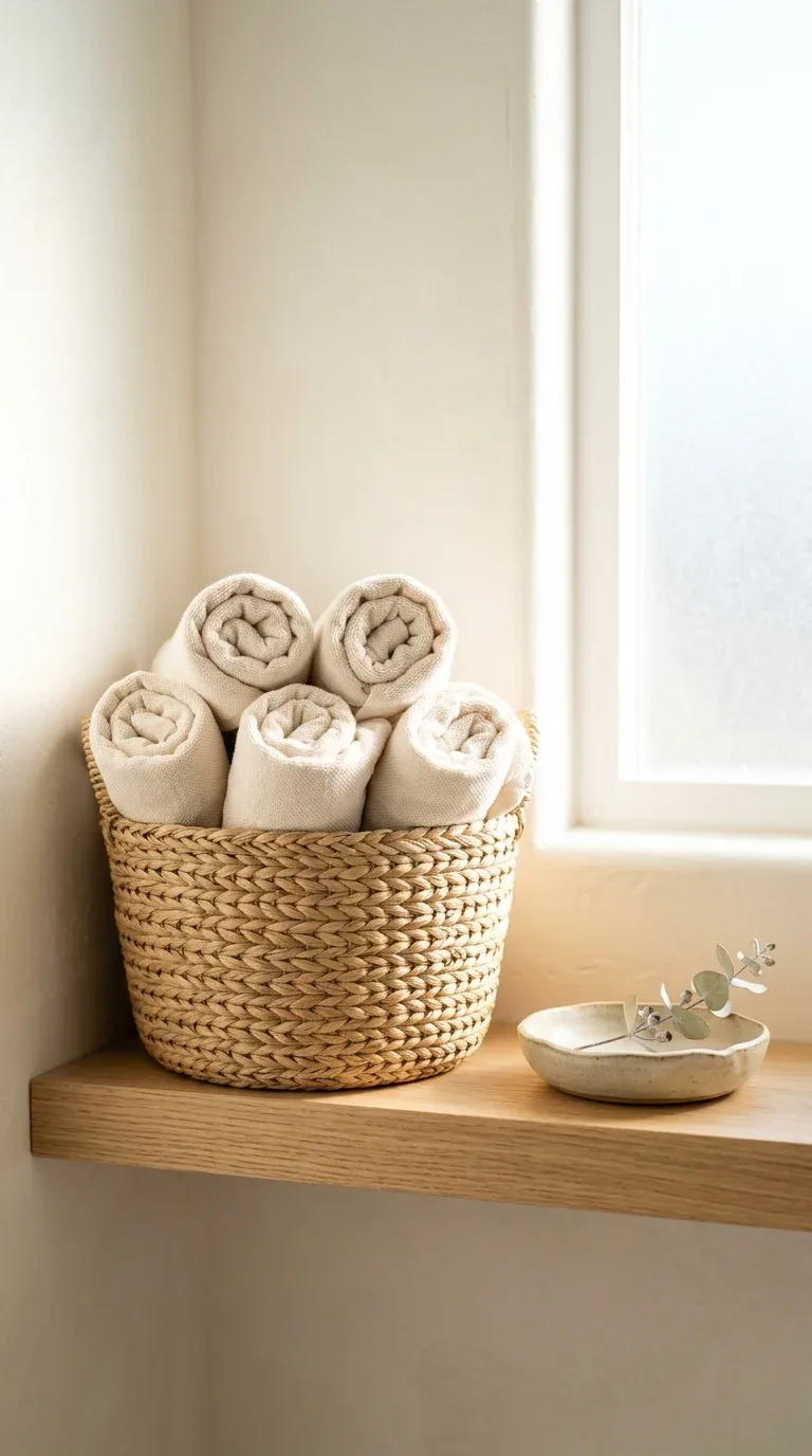 Neatly rolled cream towels displayed in a woven basket in a minimalist bathroom
