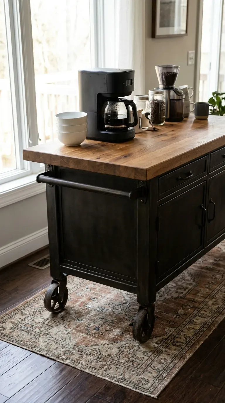 15 Genius Coffee Corner Ideas You Need to Try 12 A rolling butcher block island acting as a central coffee station