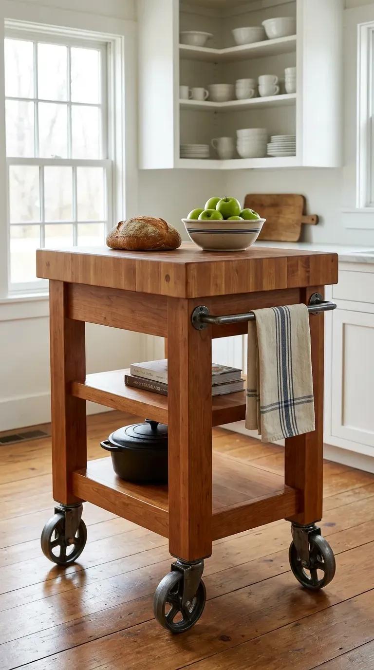 A compact wooden rolling butcher block cart in a sunny kitchen