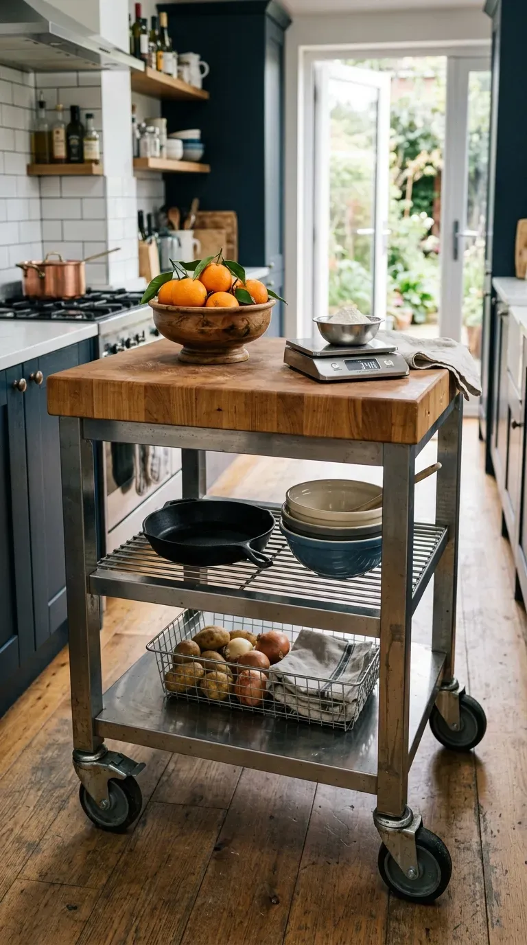 A stainless steel rolling kitchen cart styled as a movable prep station