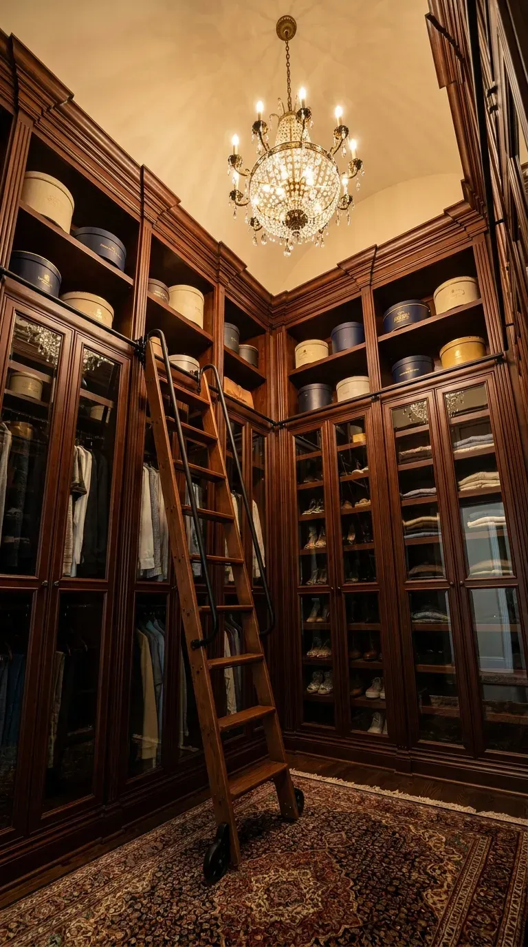 A wooden rolling library ladder attached to high dressing room shelves