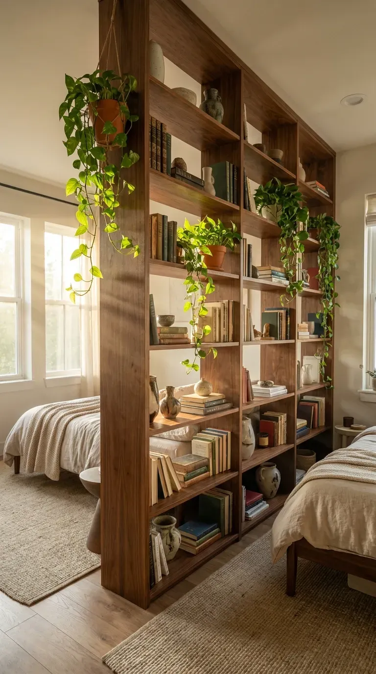 15 Genius Shared Bedroom Ideas You Need to Try 4 A tall open-backed wooden bookcase acting as a room divider