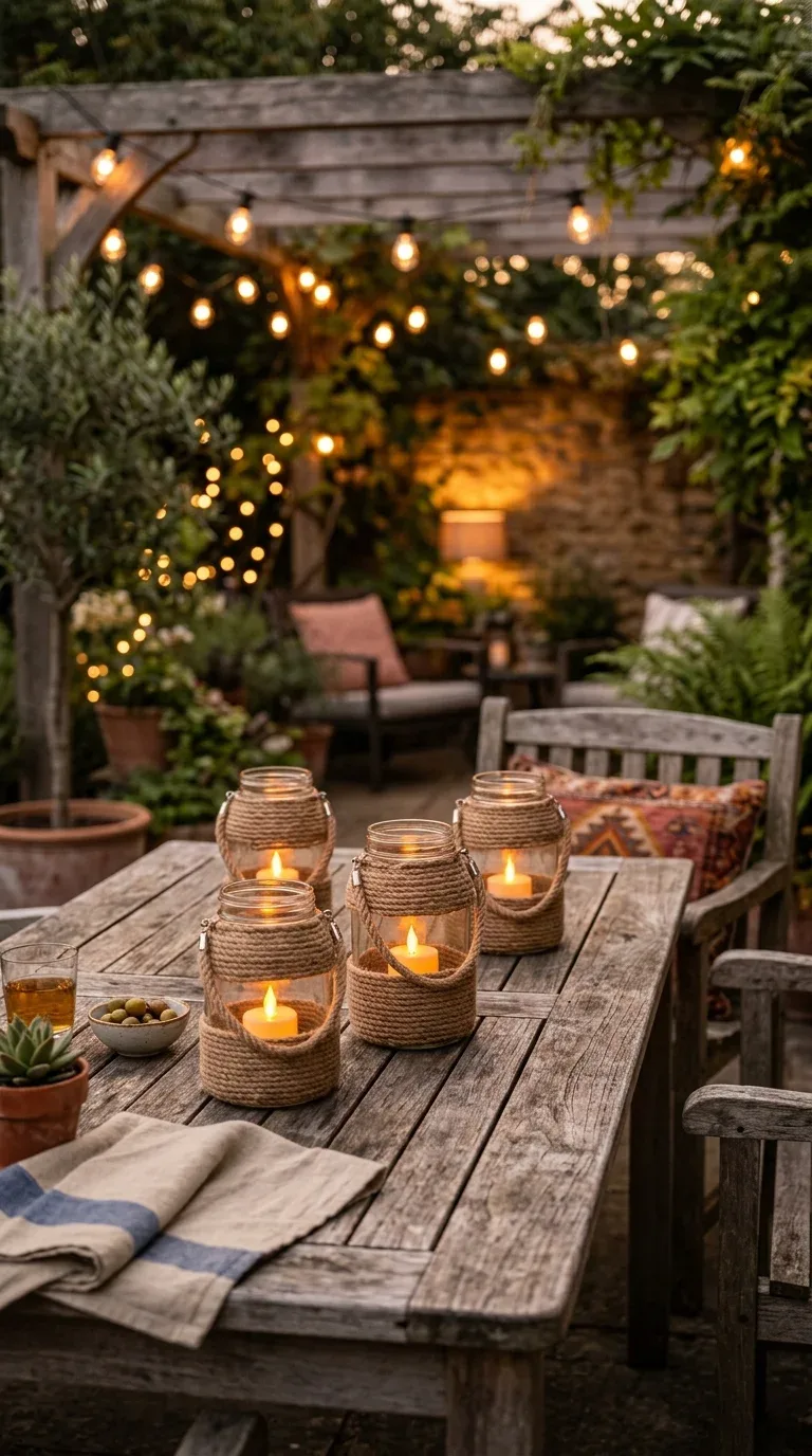17 DIY Summer Decorations on a Budget 4 Mason jars wrapped in rope with glowing tea lights lined up on an outdoor patio table