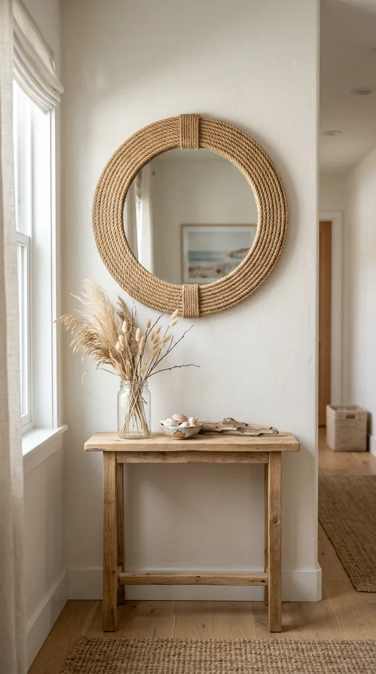 17 DIY Summer Decorations on a Budget 8 A round mirror wrapped in nautical rope hanging on a coastal-inspired summer wall