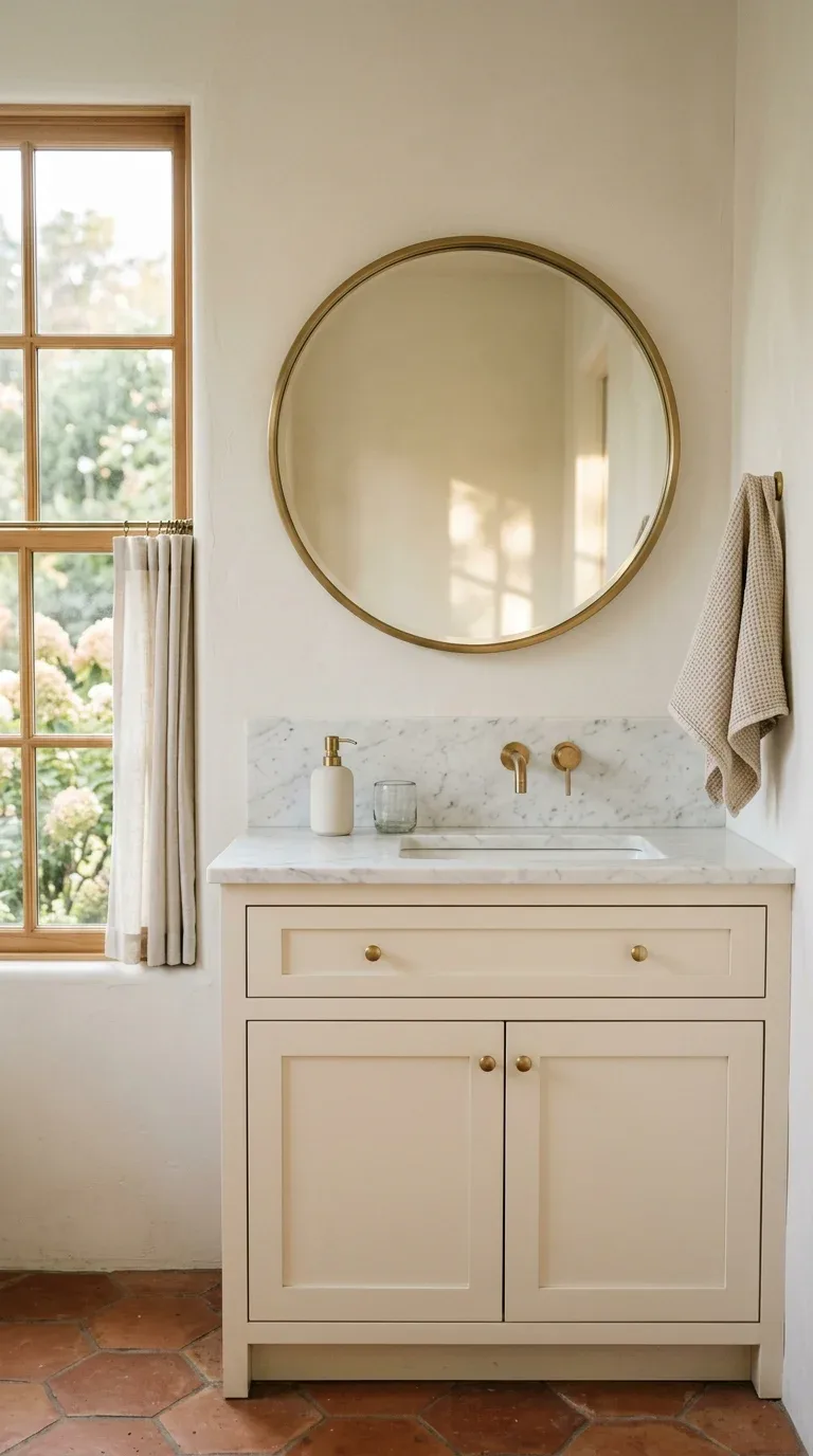 17 Minimalist Bathroom Ideas on a Budget 12 A simple round mirror with a thin brass frame hanging above a minimalist bathroom vanity