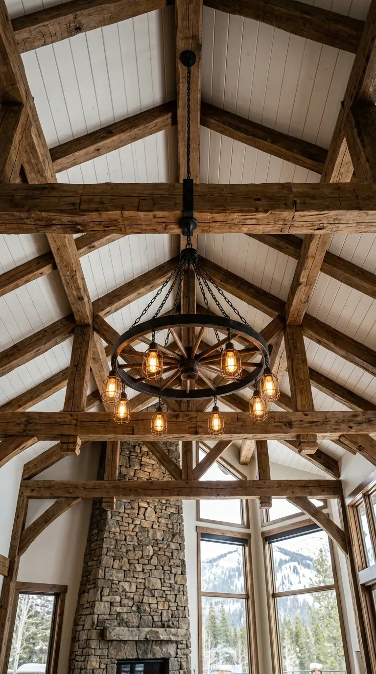 12 Black and Brown Living Room Designs That Will Transform Your Home 11 Rich brown rustic wooden ceiling beams featuring a heavy black iron chandelier