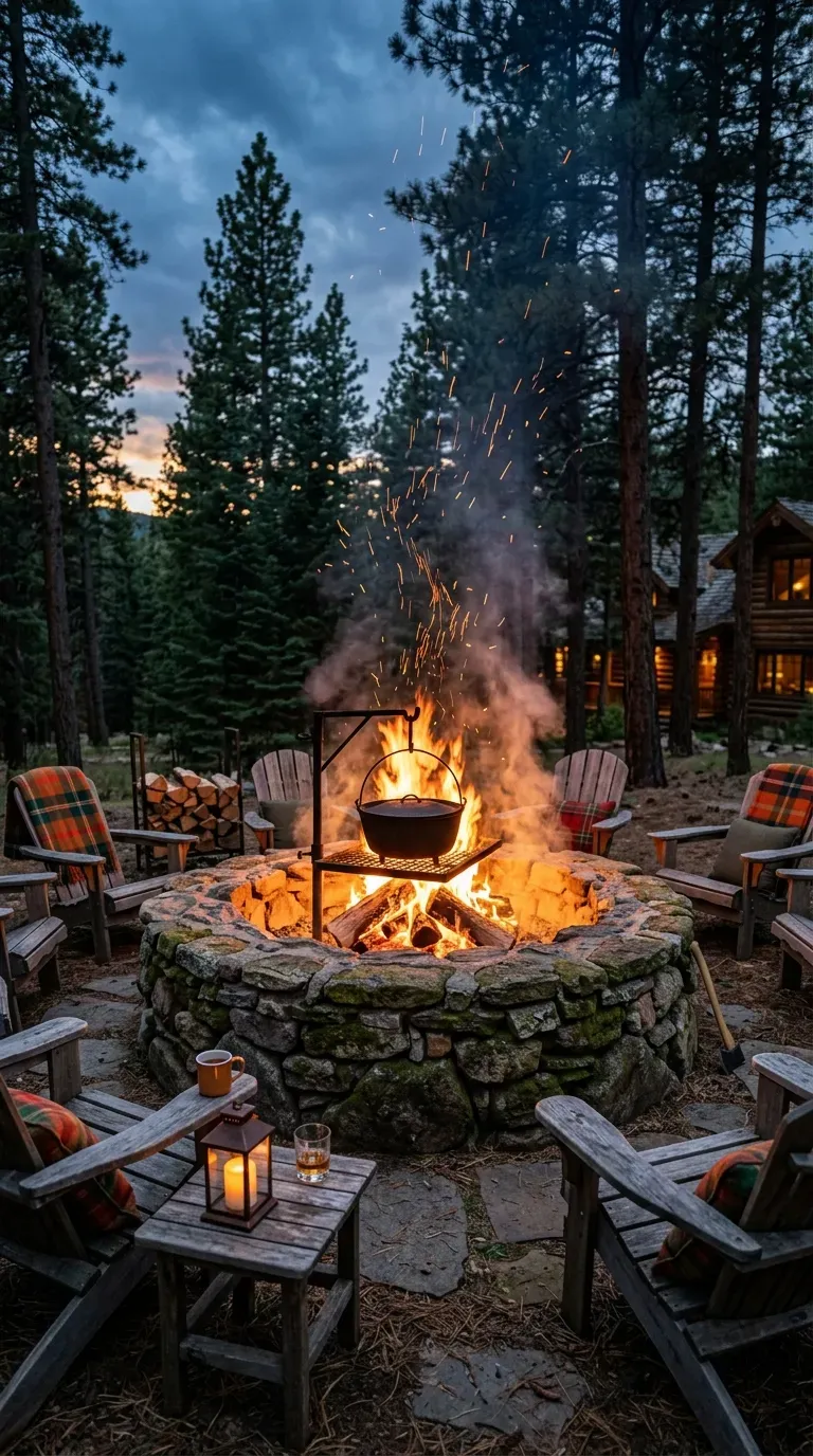 A heavy stacked stone fire pit with a roaring wood fire