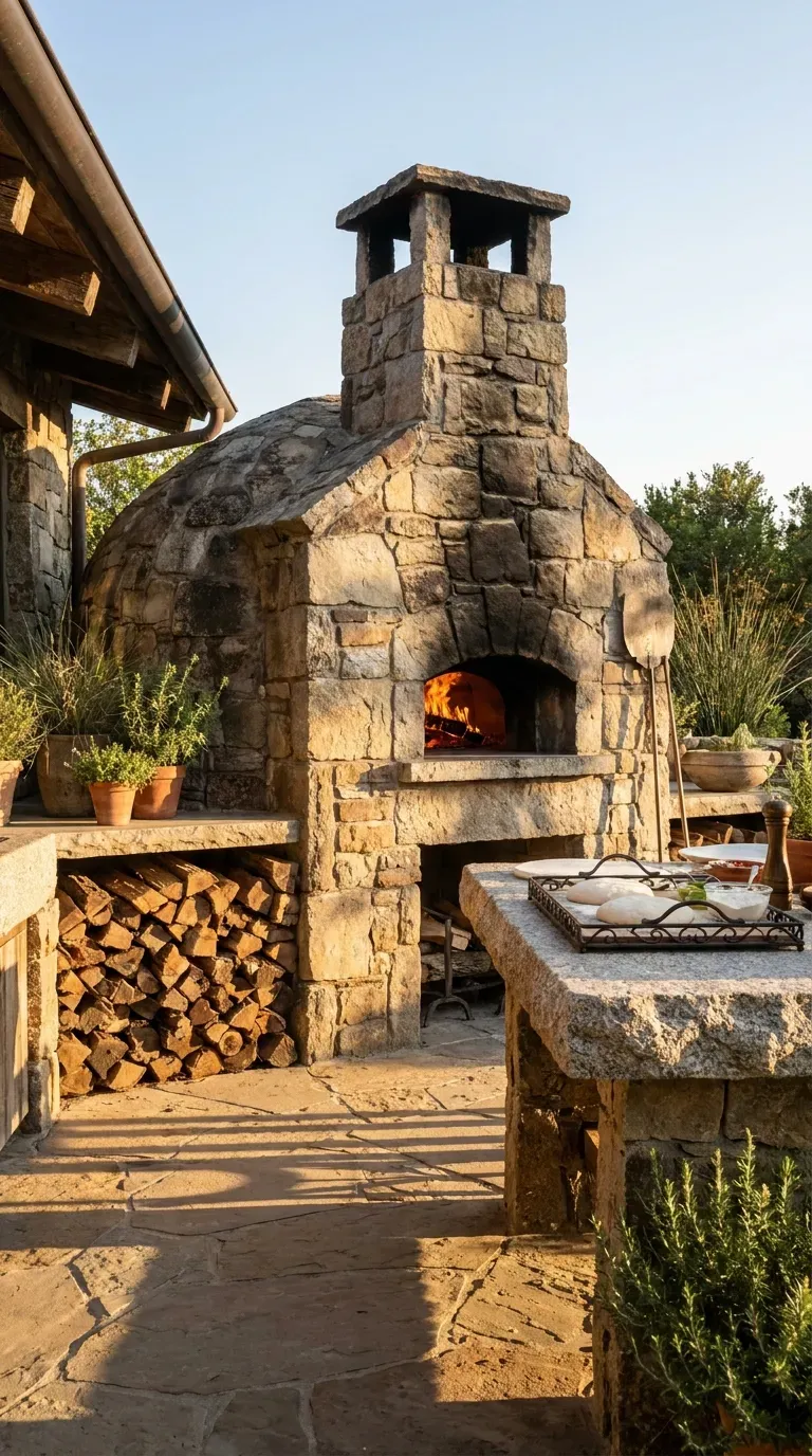 15 Genius Backyard Kitchen Ideas You Need to Try 2 A rustic outdoor kitchen featuring a large stone masonry pizza oven