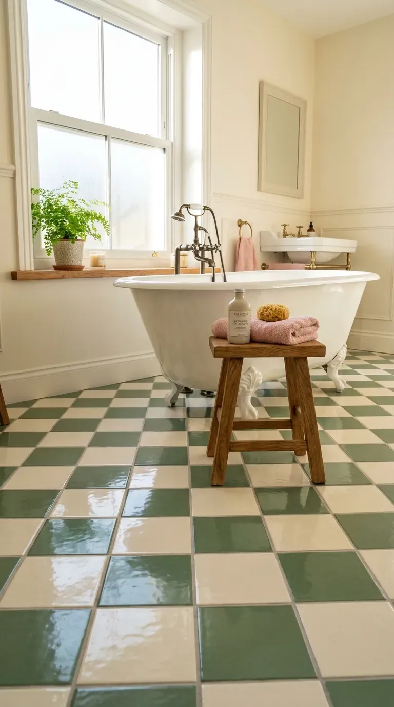A bathroom with a stunning sage green and cream checkerboard tile floor