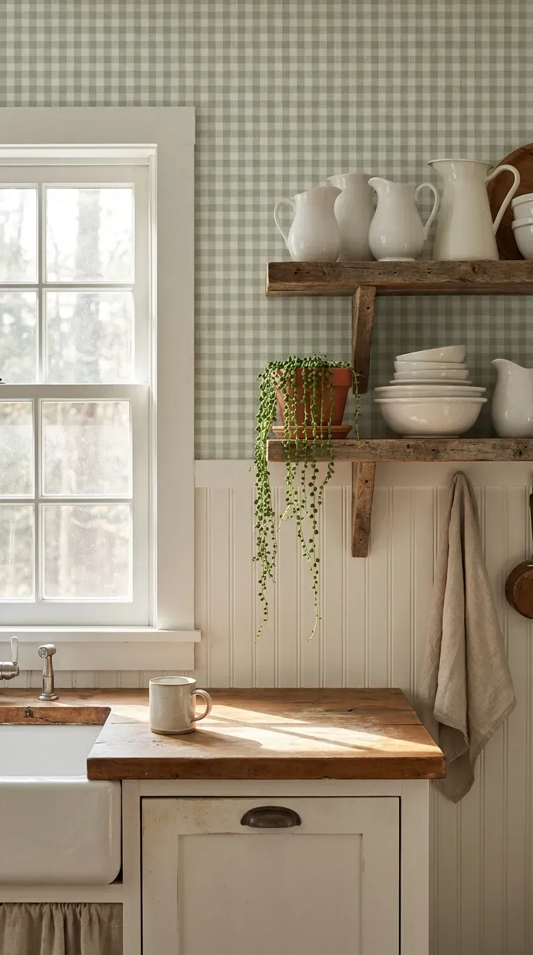 15 Gorgeous Green Aesthetic Wallpaper Ideas You Need to Try 3 A charming kitchen space decorated with subtle sage green gingham wallpaper