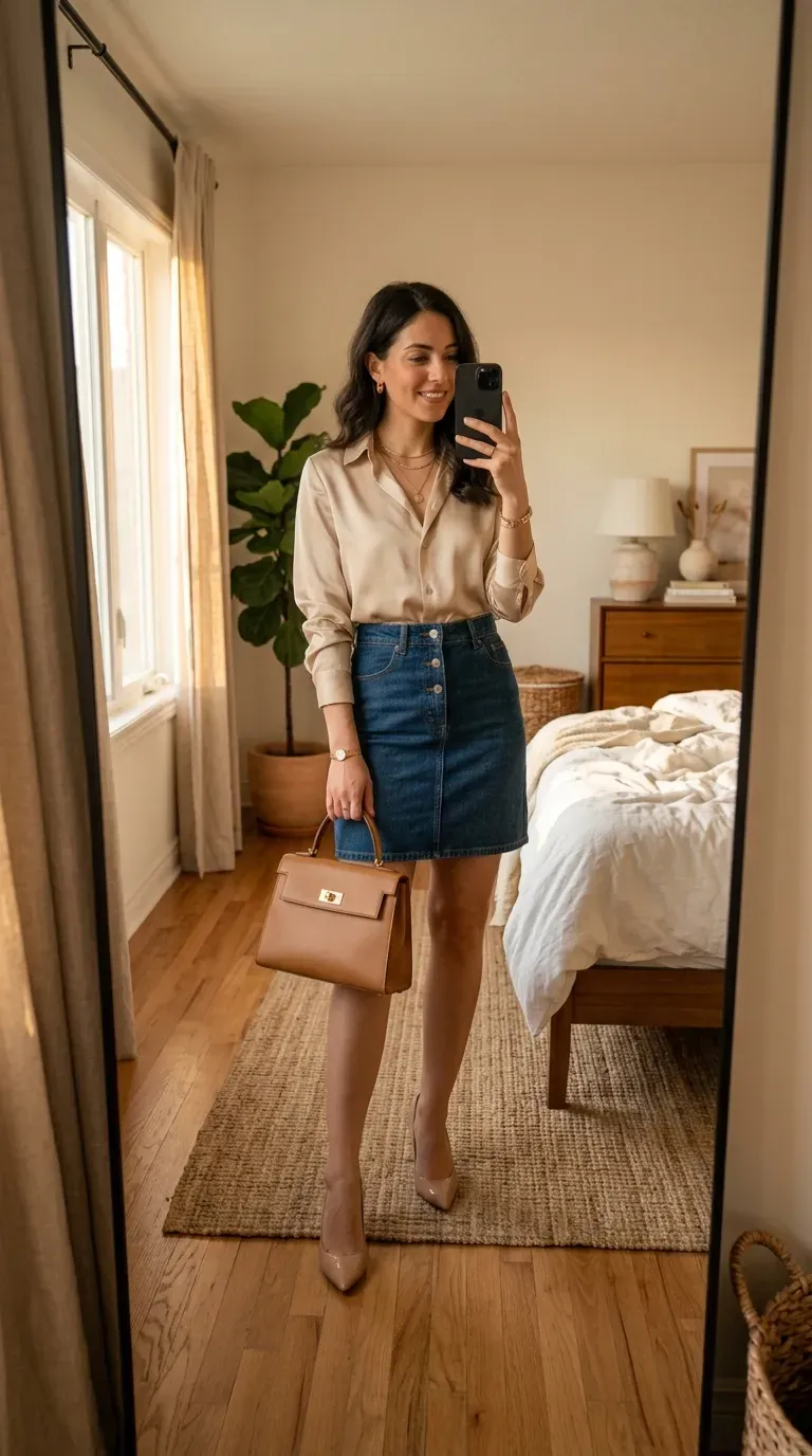 How to Style a Denim Skirt: 10 Chic Outfit Ideas You'll Want to Wear 5 Woman wearing a satin blouse with a denim skirt taking an iPhone mirror selfie.