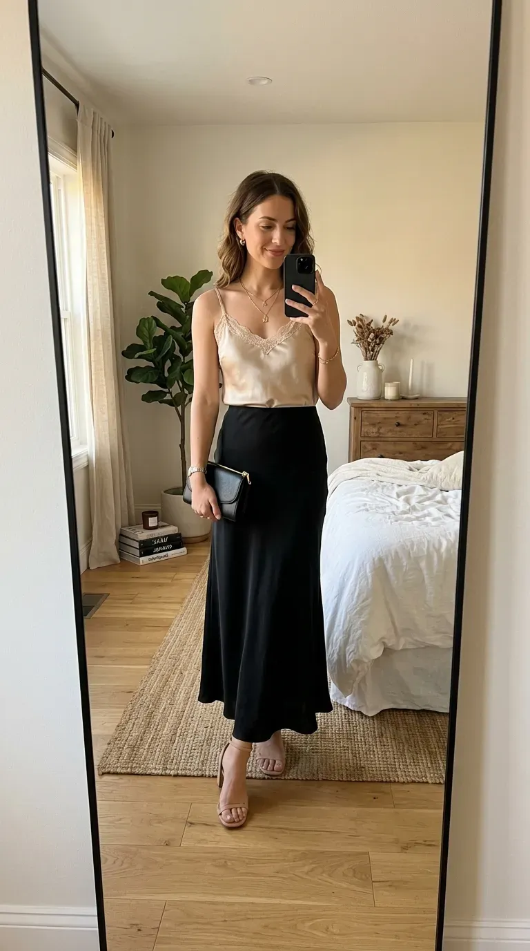 Woman wearing a satin cami with a maxi skirt taking an iPhone mirror selfie.
