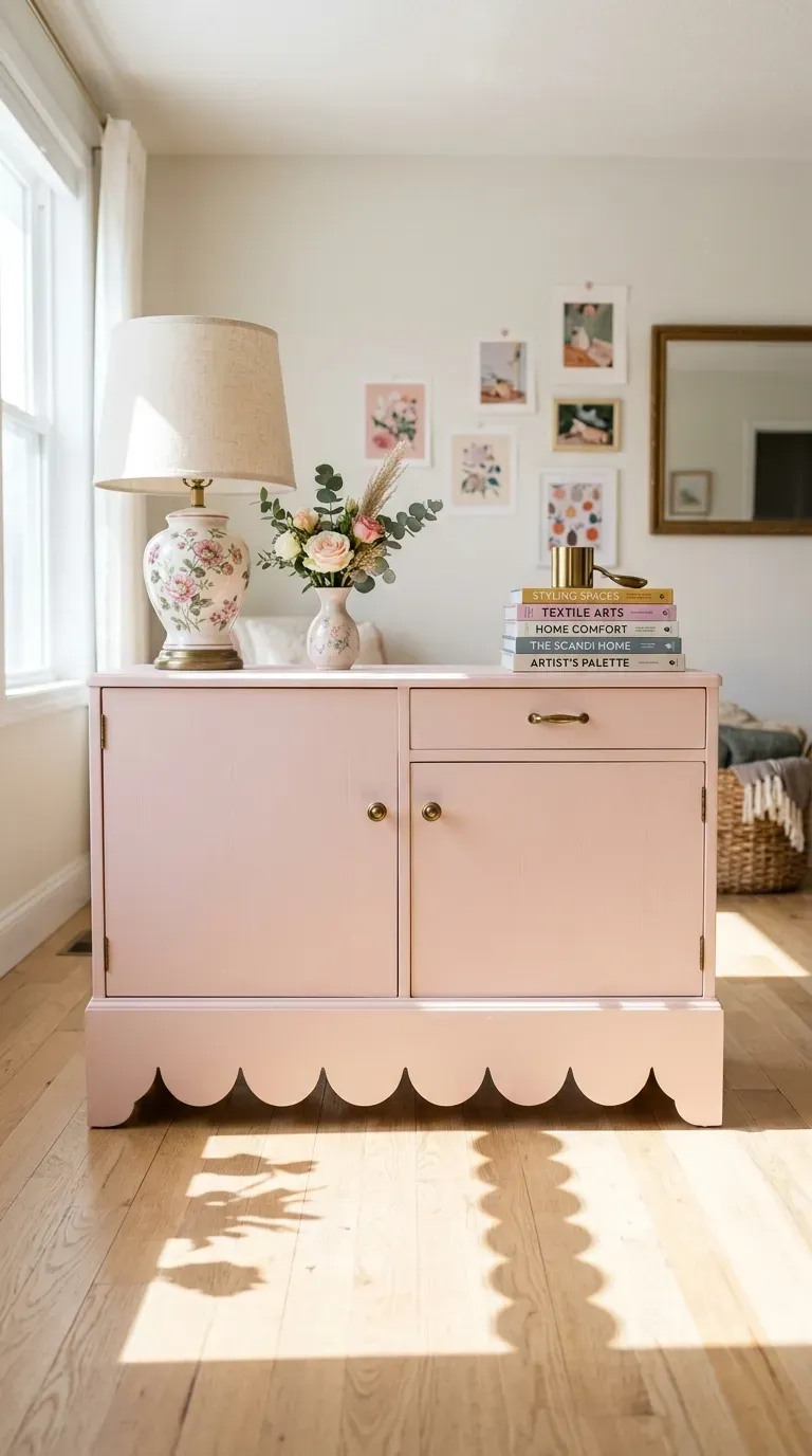 A charming pastel pink credenza featuring a custom DIY scalloped bottom edge