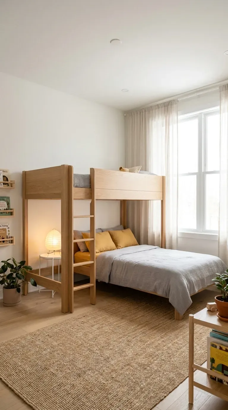 10 Must-Try Bunk Bed Room Ideas That Look Stunning 3 A bright bedroom with light oak L-shaped bunk beds