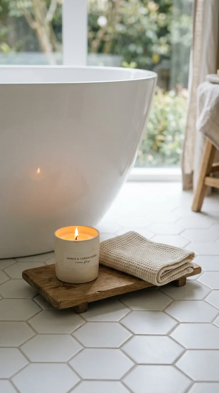17 Minimalist Bathroom Ideas on a Budget 16 A single cream scented candle styled beside a minimalist bathroom bathtub
