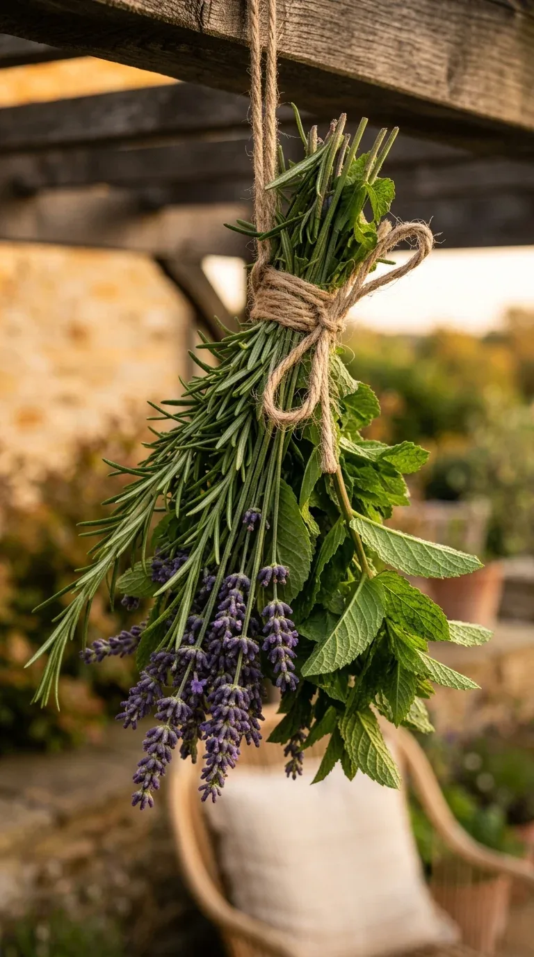 17 DIY Summer Decorations on a Budget 11 A bundle of fresh herbs tied with twine hanging near an outdoor patio seating area