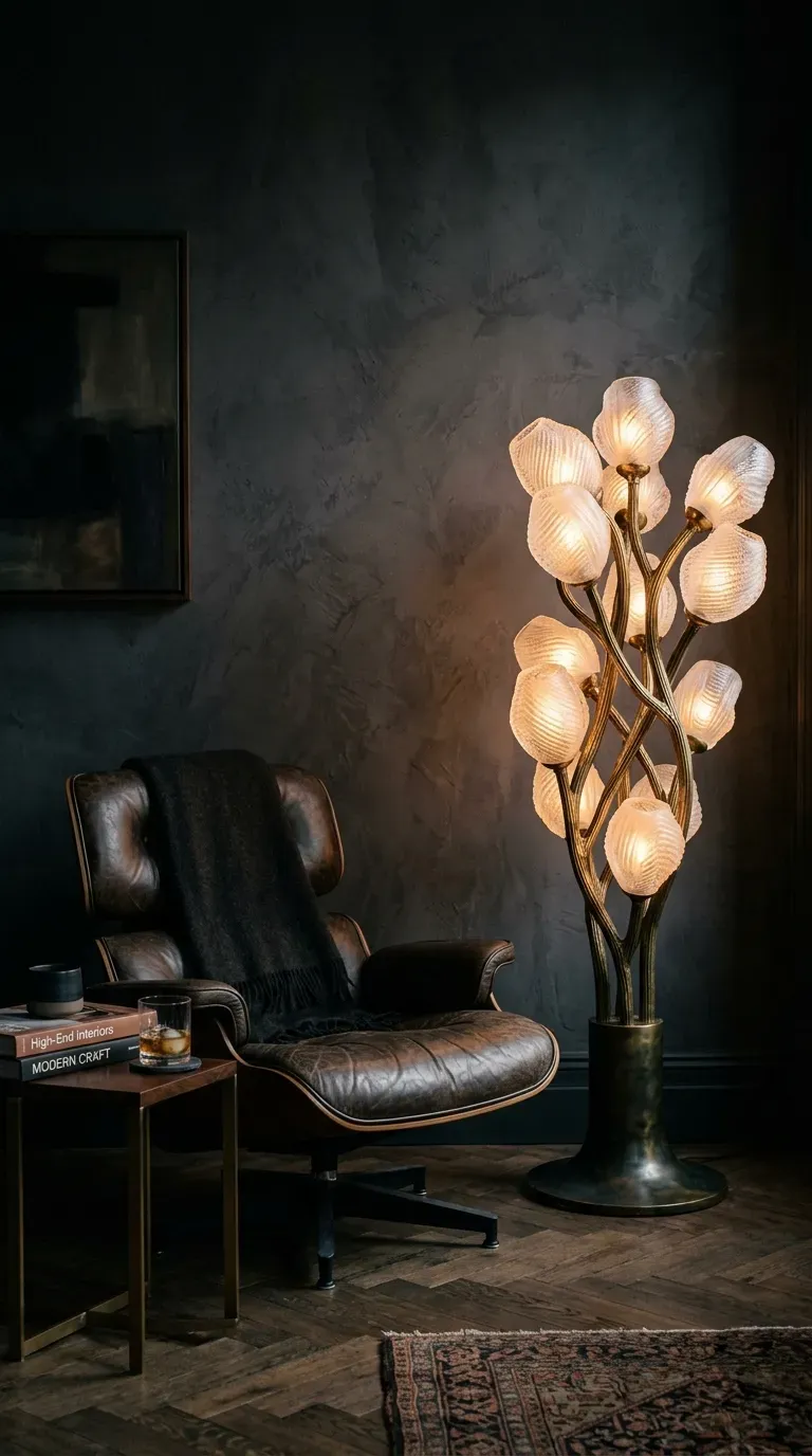 15 Genius Living Room Decor Ideas You Need to Try 6 A living room corner with a striking brass and glass floor lamp