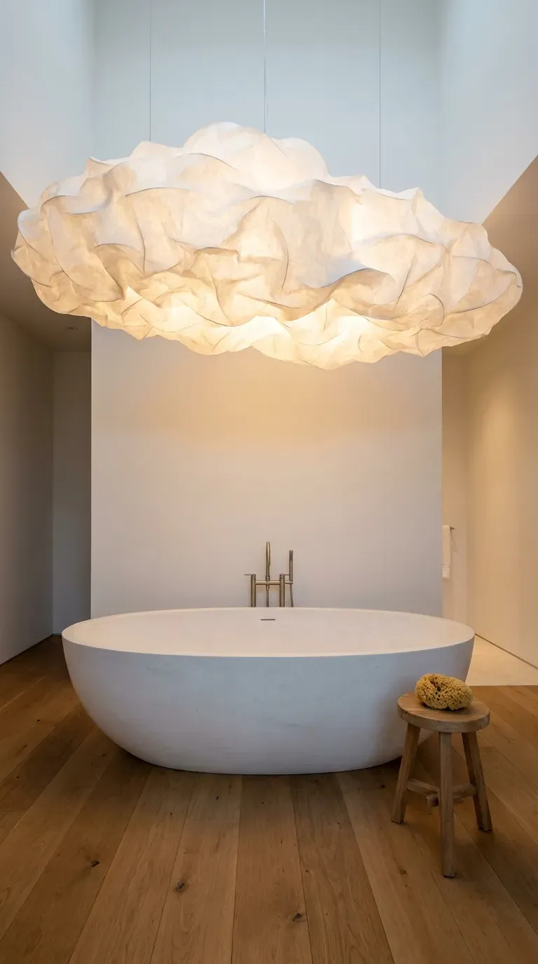 12 Aesthetic Bathroom Decor Ideas for a Gorgeous Space 7 A large, cloud-like sculptural pendant light hanging in a bathroom