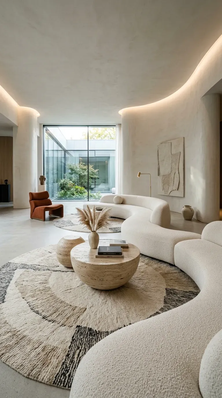 15 Genius Modern Living Room Designs You Need to See 8 A high-fashion living room featuring a curved cream sofa and round stone tables